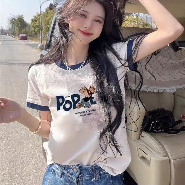 

2025 лето новая контрастная футболка с коротким рукавом женская корейская версия приталенная универсальная с иностранным шиком полурукав чистый хлопок белая S