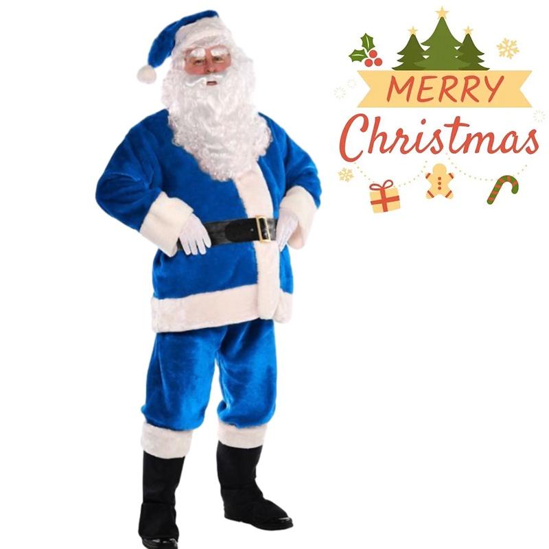 Santa Blue Costume Men Women Christmas Clothes Makeup Beard Party Prop Outfit