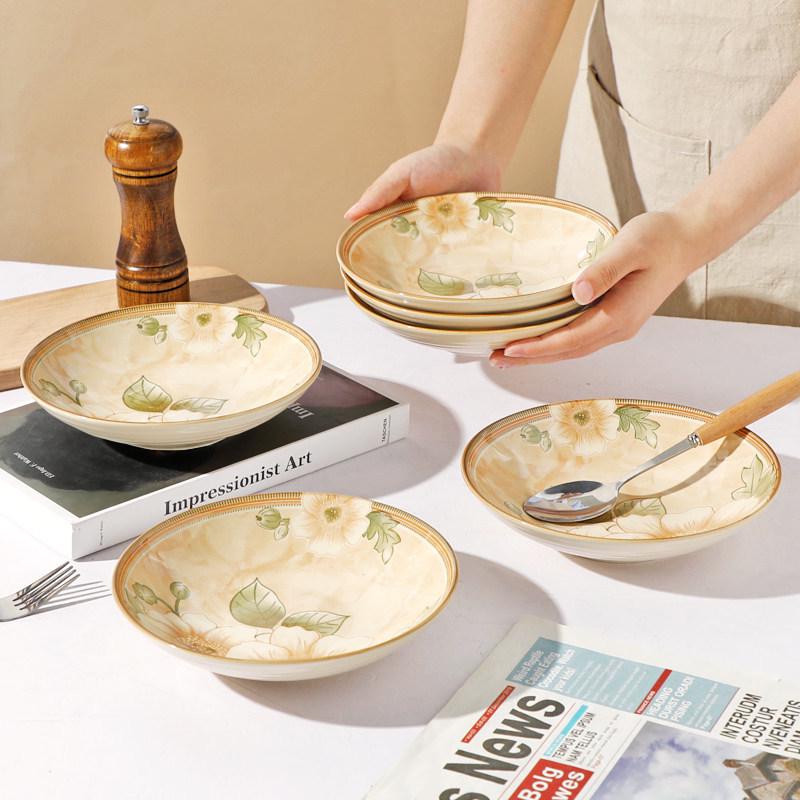 Set of 6 Ceramic Jasmine Flower Soup Plates - Underglaze Color Tableware.