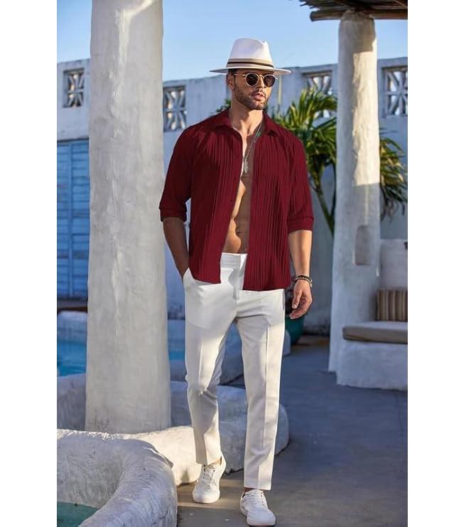 Men's Casual Button Down Shirts Long Sleeve Linen Shirt Fashion Textured Beach Summer Shirt