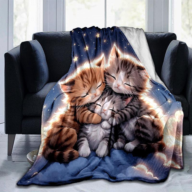 1pc Cute Cat Printing Lightweight Flannel Blanket, Comfortable and Warm Blanket, for Camping Sofa Bed and Couch Office, in All Seasons
