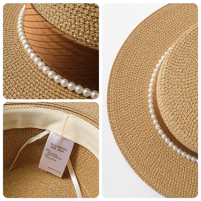Spring and Summer Elegant Pearl Straw Seaside Sunscreen Sunshade Female Retro Celebrity Elegant Flat Top Top Top Top Hat