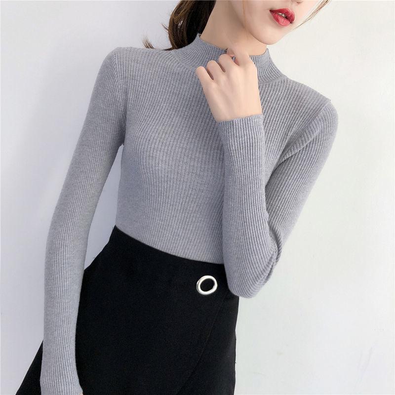 Fashion Solid Half High Neck Knitted Sweater Women Slim Fit Casual Elegant Pullover Sweaters Autumn and Winter Long Sleeve Knitwear Sweater Tops 24841