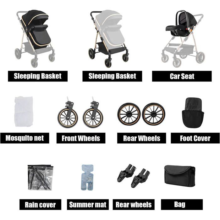 Poussette 3 en 1 Bébé Combinée Pliable 1 Clic Réversible Face Parent/Monde Cadre Aluminium Léger Confort Citadine Compacte
