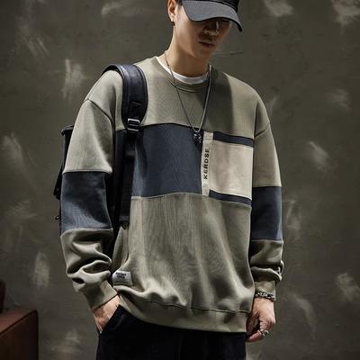 Men's Patchwork Sweatshirt, Loose Fit Crew Neck Pullover, Casual Streetwear Tops