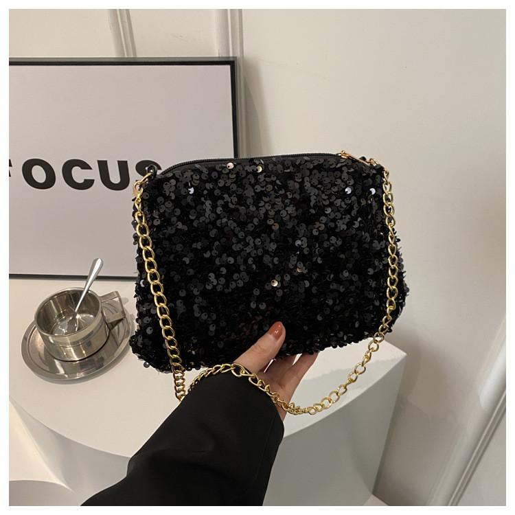 Black And White Sparkly Underarm Bag Women 2024 New Spring Nightclub Chain Small Square Bag Street Fashion