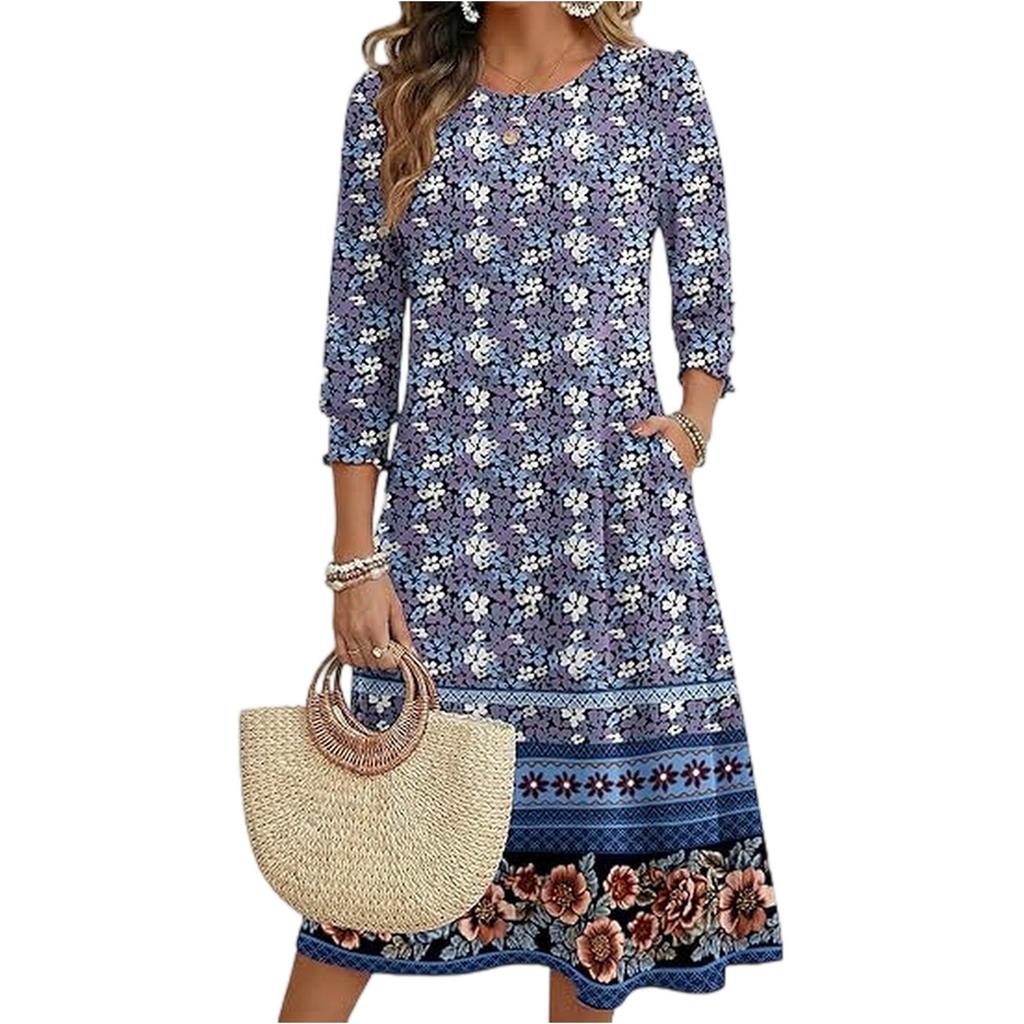 Women's Fashion Pocket Half Sleeve Floral Mid,length Casual Dress