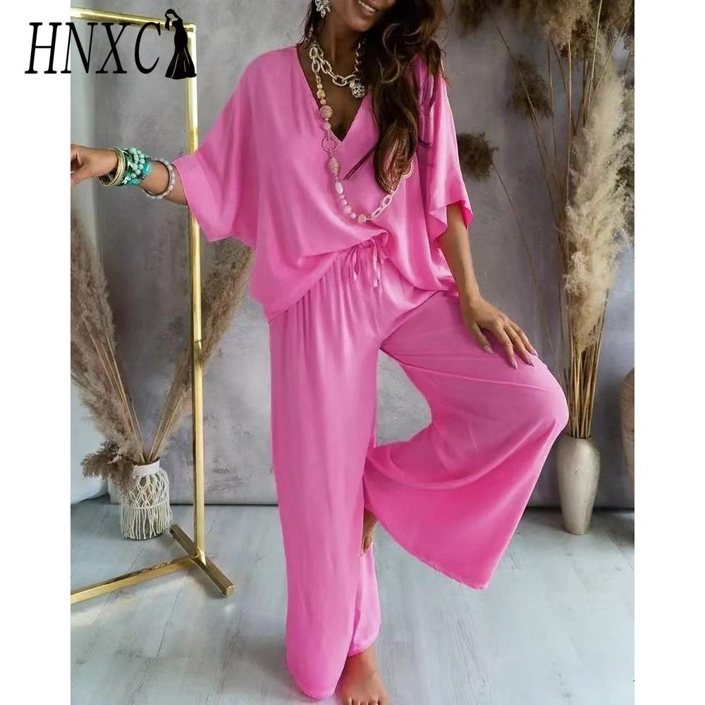 

Женский повседневный свободный комплект с V-образным вырезом, рукавами летучая мышь и широкими брюками XXXL розовый