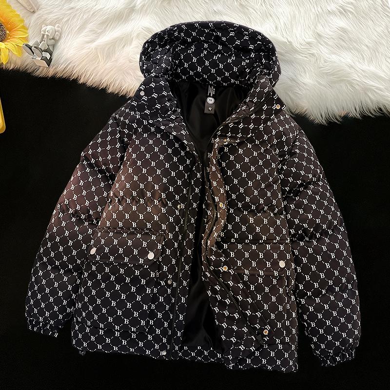 Winter Warm Cotton Jacket for Men's Short Removable Hat Jacquard New Thickened High-end Cotton Jacket Trendy Hooded Jacket