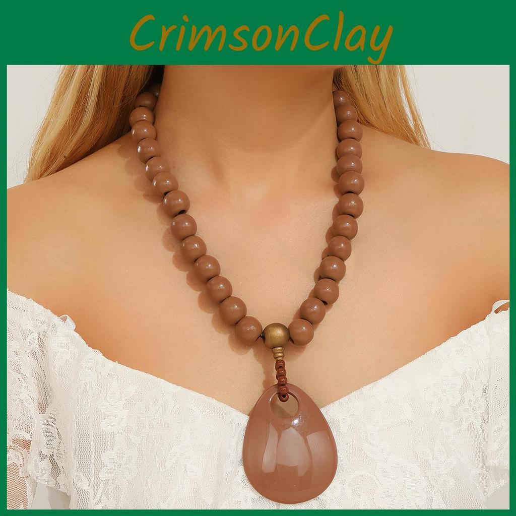 Wooden Summer Beaded Necklace Women Stretch Chain Geometric Pendant Decoration
