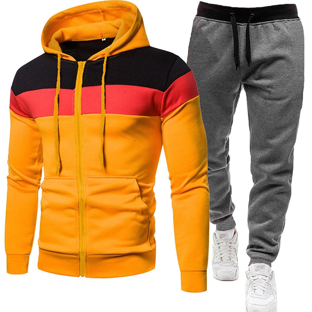 Men's 2024 Casual Tracksuit: Spliced Hooded Jacket & Long Pants Two-Piece Set for Spring/Autumn.