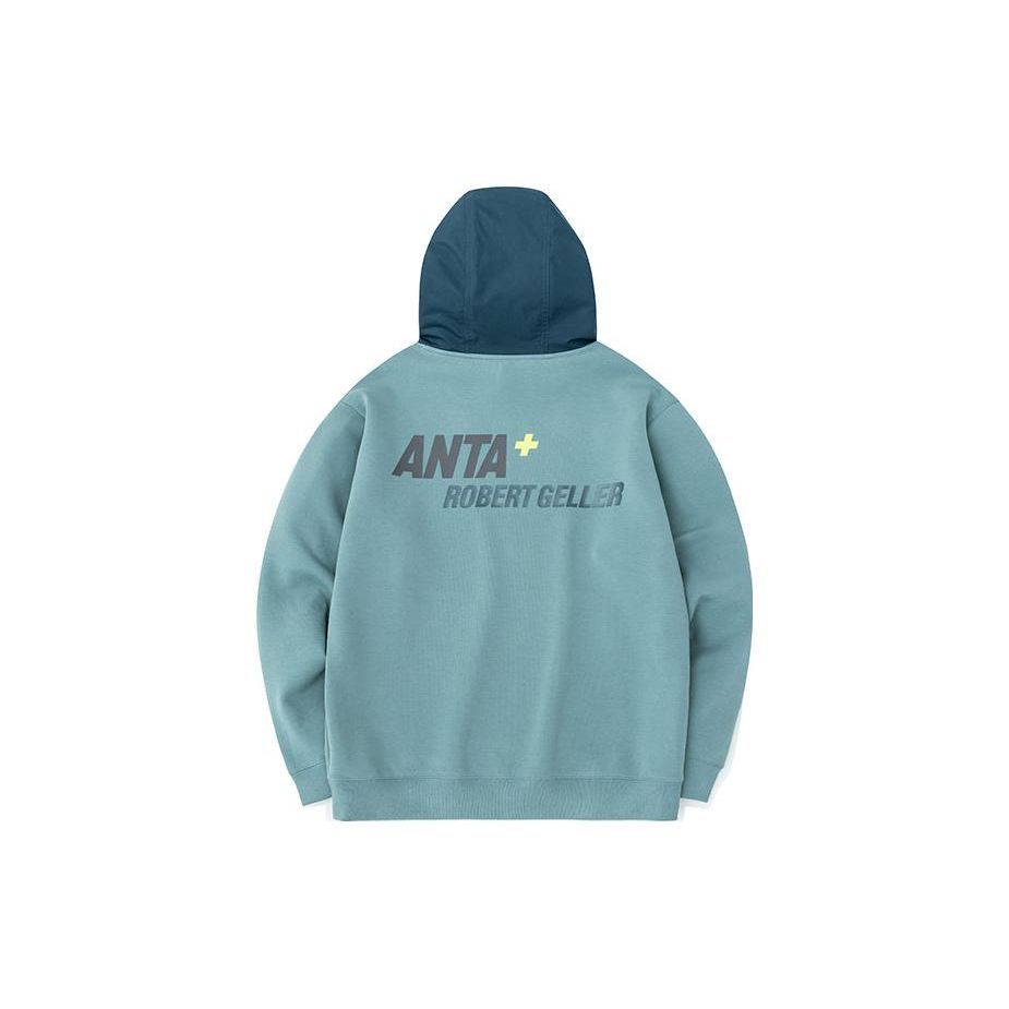 Anta X Robert Geller Color Block Letter Print Hooded Long Sleeve Pullover Sweatshirt Men sweatshirt Moss-Gray-Green 152317756-2