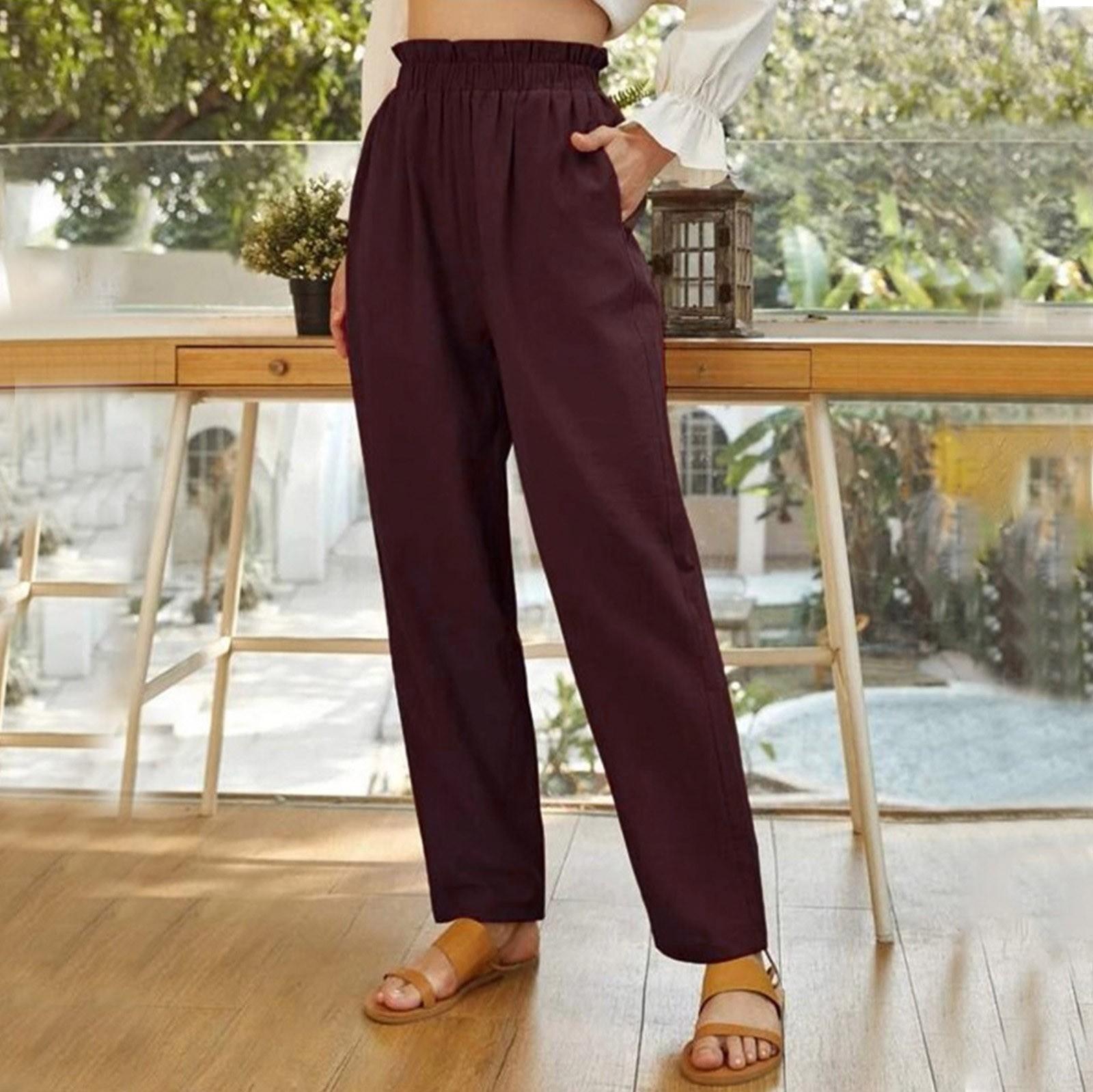 

Женские однотонные брюки из хлопка и конопли с высокой талией и свободными карманами для свободного времени XXL