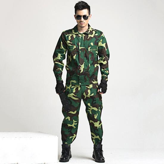 2Pcs/Set Lapel Long Sleeve Zipper Buttons Placket Cargo Coat Pants Men Multi Pockets Camouflage Print Work Training Outfit Male Clothing