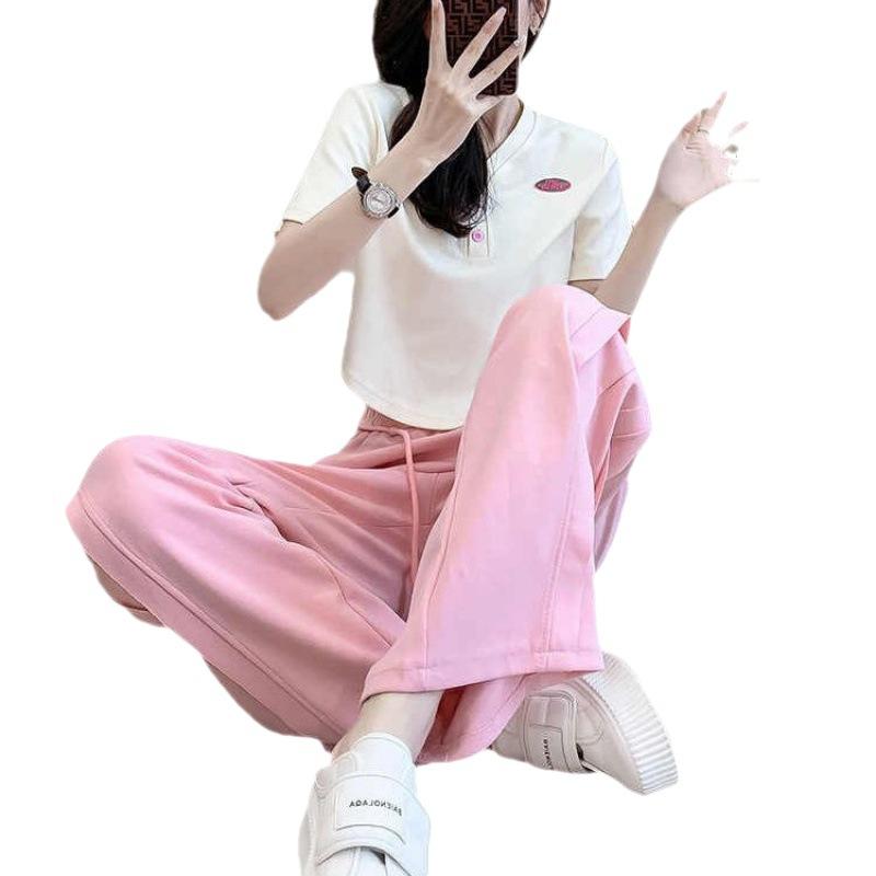 Xiaoxiangfeng Casual Fashion Suit Women's Summer Slimming and Age-reducing Sports Wide-leg Pants Two-piece Set with Western Style