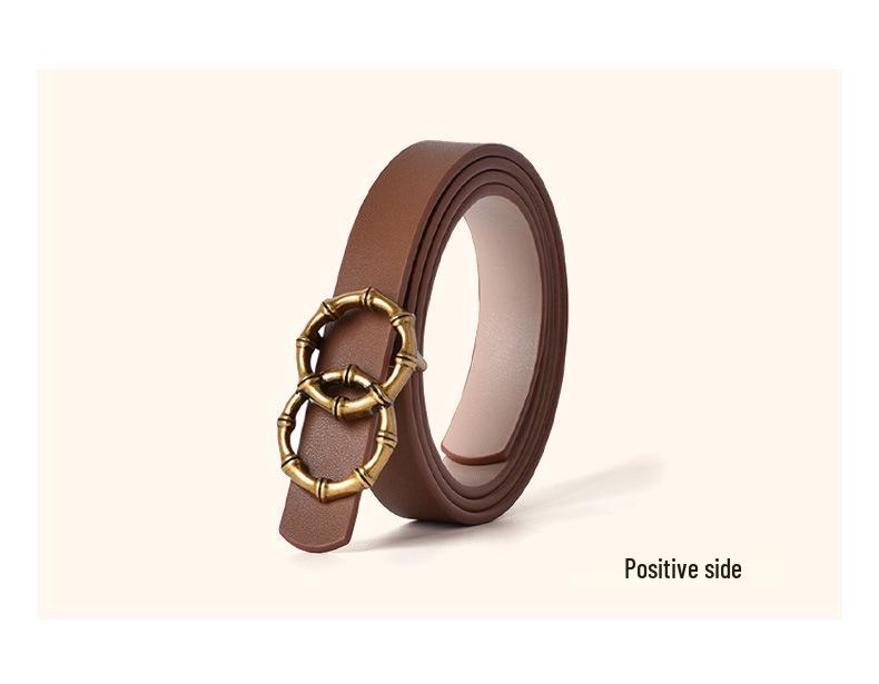 Women's Black Slimming Genuine Leather Belt with Bamboo Buckle
