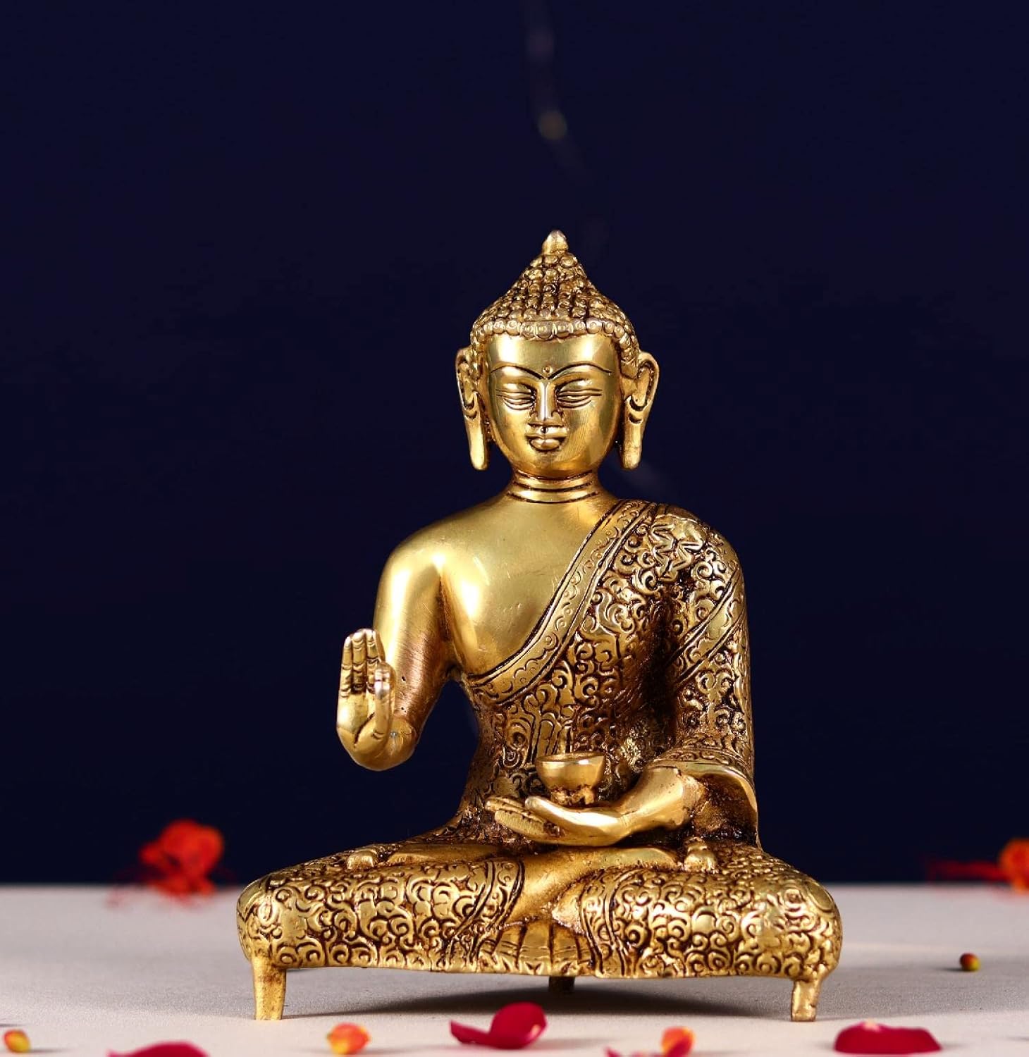 God Buddha Abhaya Mudra Brass Idol, Buddha Home Decor Statue, Brass - 9 Inches
