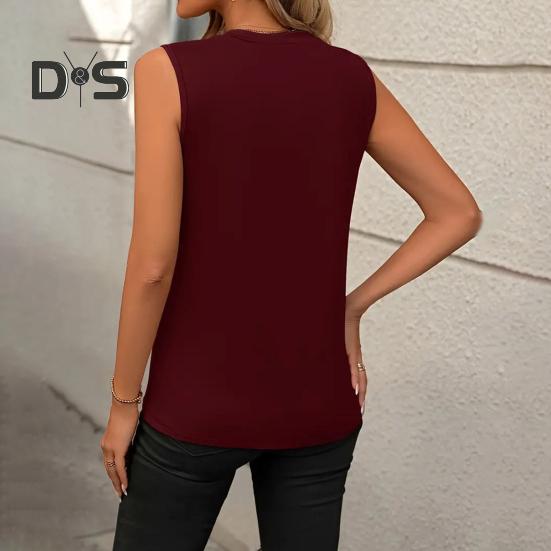Summer Women Vest Loose Fit Sleeveless Round Neck Tank Tops Solid Color Line Details Breathable Vest