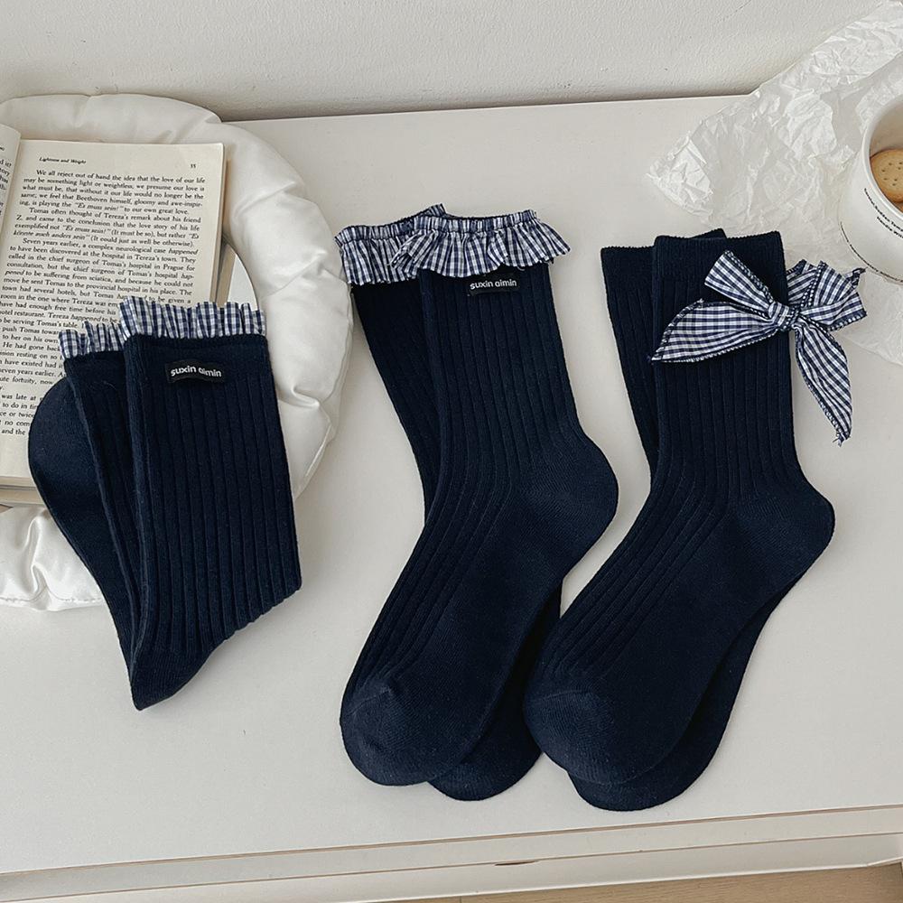 Lace socks children bow tube socks college style Japanese miu style blue stacking socks