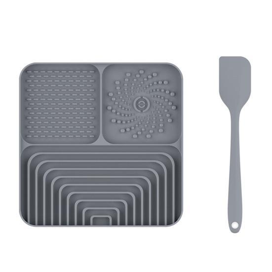 Силиконовый лизательный коврик для собак со шпателем Снятие скуки и тревожности Пищевой коврик для питомцев с присоской Медленная кормушка Тарелка Лизательный коврик с арахисовым маслом Развлечение A серый