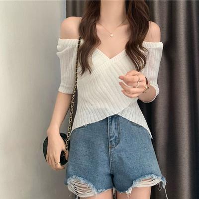 Hot Girl One Shoulder Strap Off Shoulder Short Sleeve Knitted Shirt Women's Summer Irregular Cross Short Top