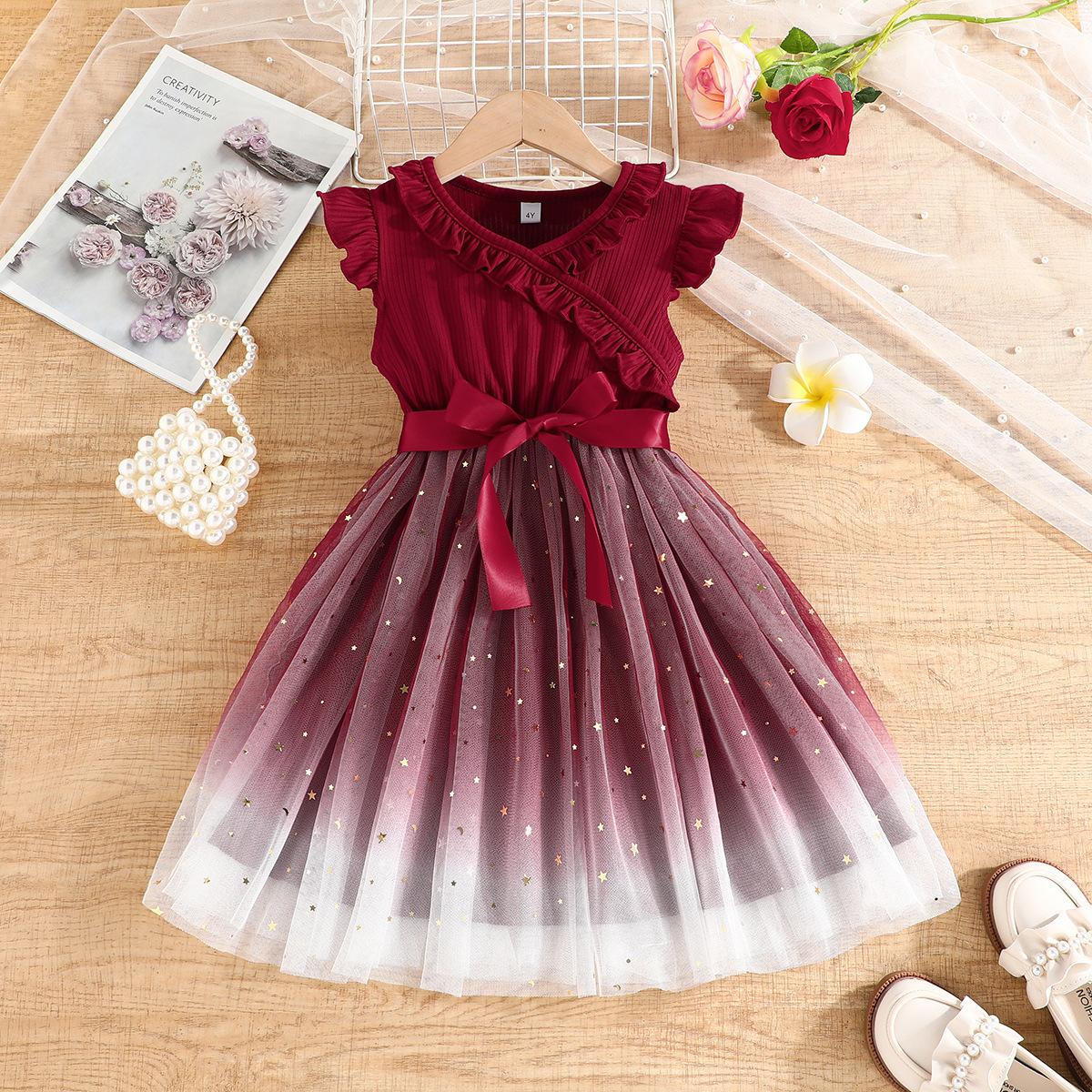 

Summer Girls New Wine Red Ruffled Flying Sleeve Fashion Dress with Ribbon Belt 7Y червоний