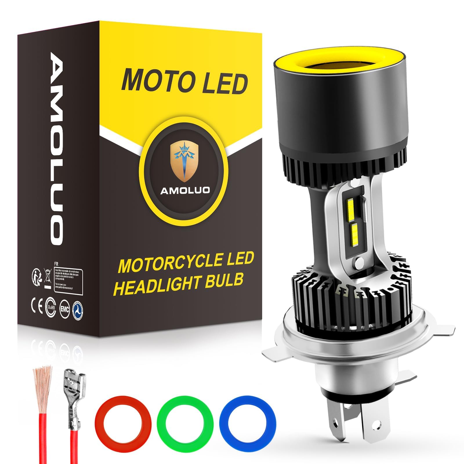 

AMOLUO H4 Motorcycle LED Headlight, 5 Color Interchangeable LED Angel Eye Design, Daytime Running серый