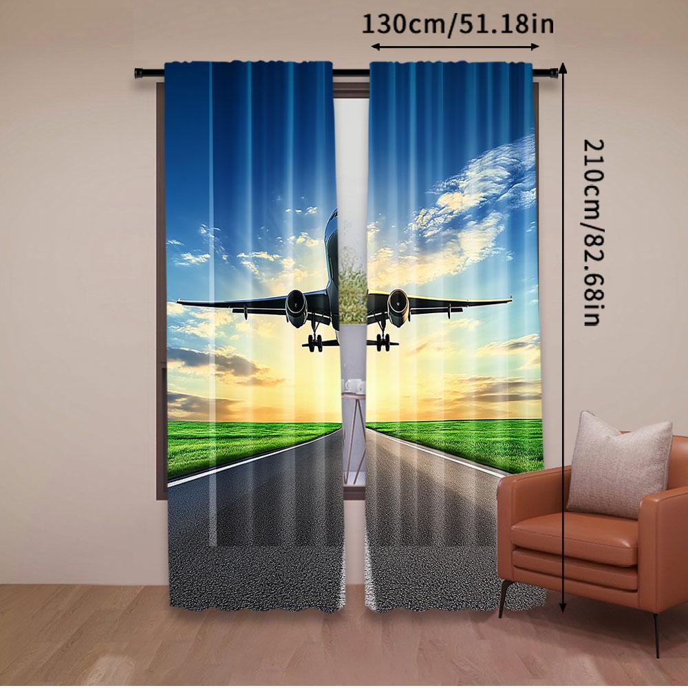 Plane Curtain Airplane Landing Takeoff Airport Runway Rosy Clouds Sky Scene Living Room Bedroom Curtains Set Of 2 Made Polyester Great Decor