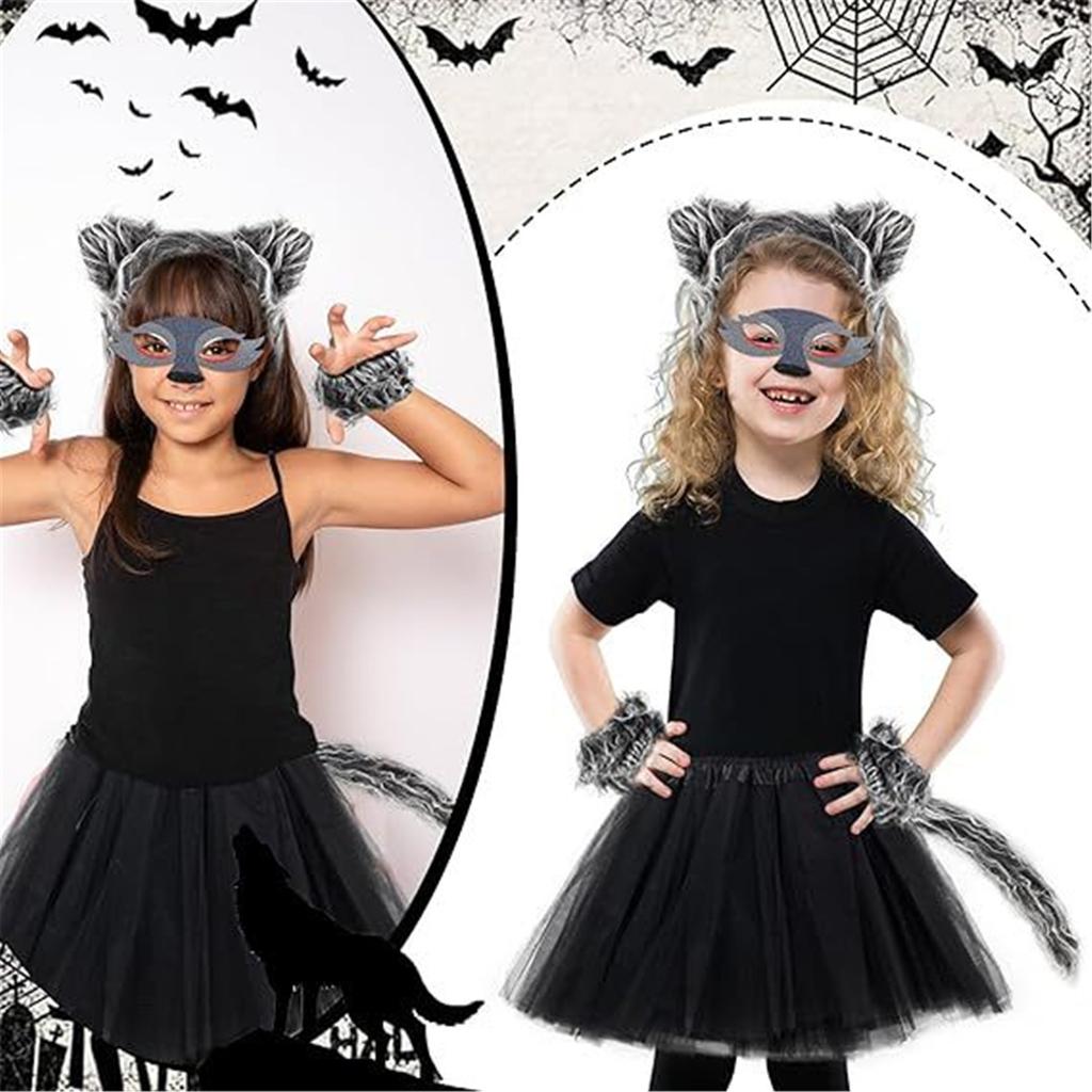 Unisex Gray Wolf Headbands and Tail Set for Kids Accessory for Halloweens Decoration and Birthday Party Costumes
