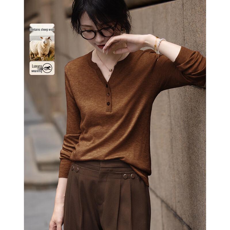 Demana Effortless Comfort V-Neck 3-Button Long-Sleeve Knit Top