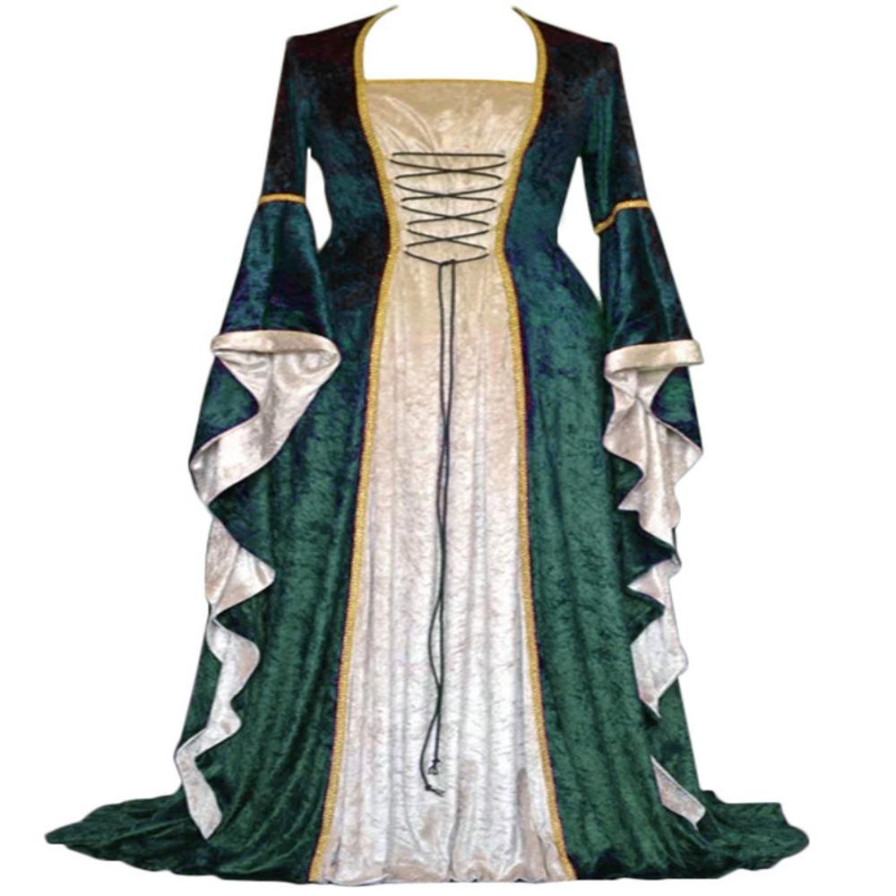 Women's Square Neck Long Sleeve Maxi Dress Slim Fit Velvet Medieval Renaissance Royal Ball Gown Costume Dress