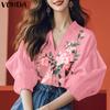 VONDA Women Summer V Neck 3/4 Sleeve Floral Print Smooth Casual Blouse Tops