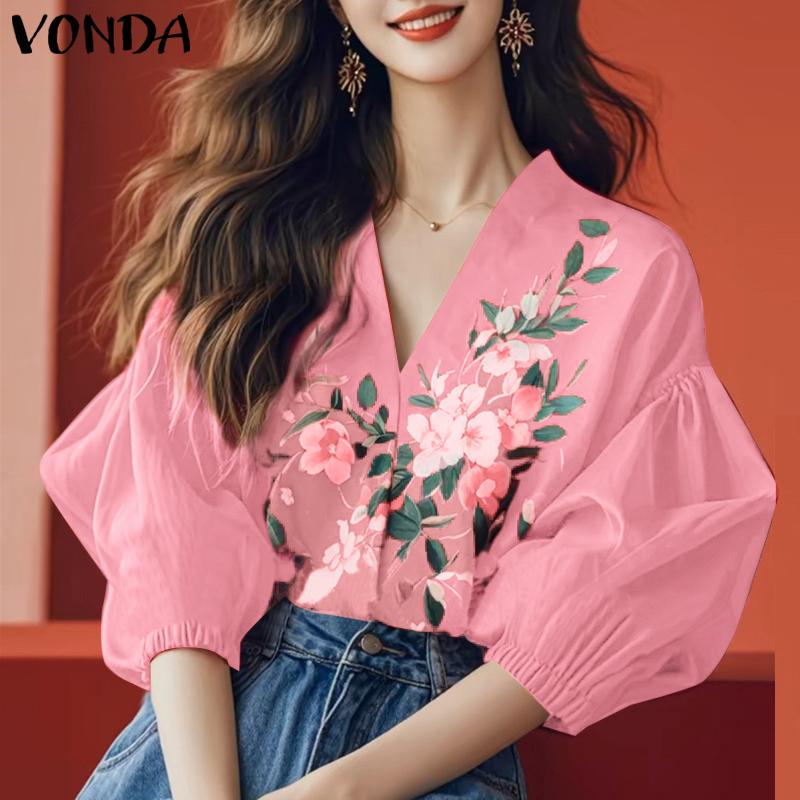 

VONDA Women Summer V Neck 3/4 Sleeve Floral Print Smooth Casual Blouse Tops 2XL розовый