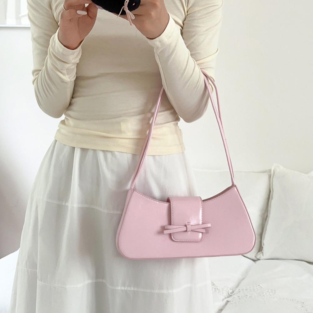 Sweet Bow Y2K Purse PU Leather Clutch Purse with Zipper Retro Shoulder Bag Girls Trendy Causal Underarm Pouch Women Handbag