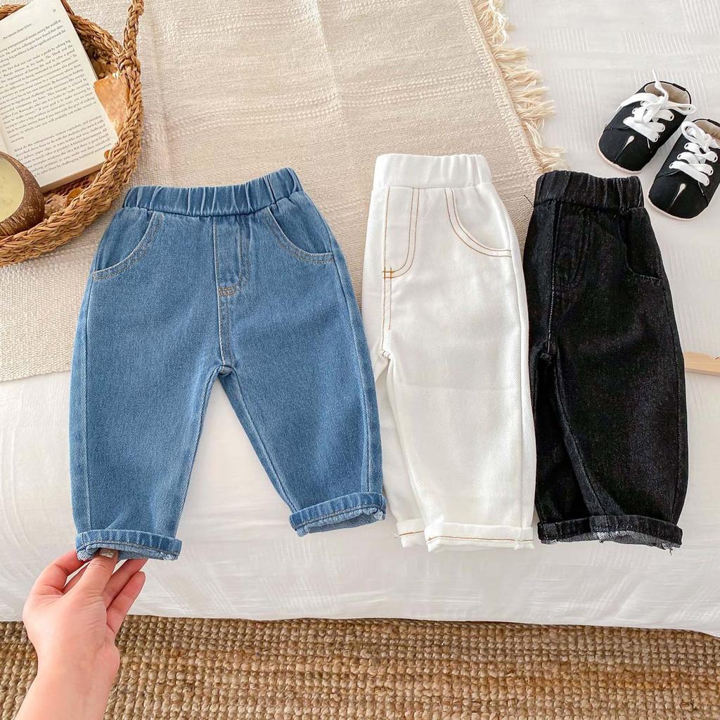 Spring Autumn Fashion Children Solid Jeans Girl Baby Retro Denim Casual Pants Boy Kid Pockets Cotton Trousers Toddler Dungarees