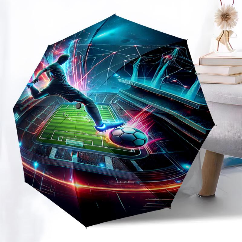 Starry Night Soccer Player: Automatic Folding Umbrella with 3-Fold Design, Iron Frame, Outdoor, Ideal Gift for Fans and Travelers1125185a