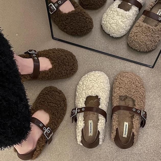 Gentle Wind Light Mouth Fluffy Shoes Single Shoes 2025 Autumn and Winter New Outer Wear Piled Thickened Mary Jane Cotton Shoes