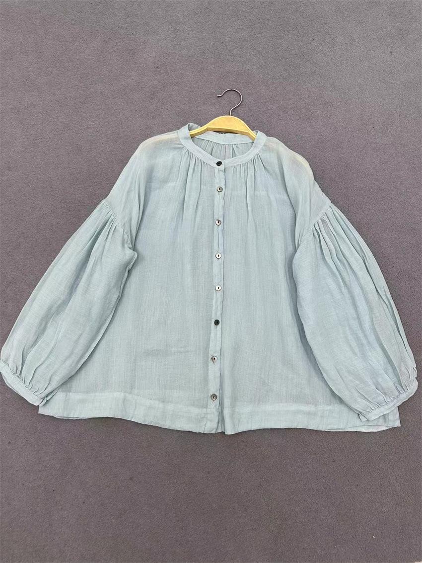 

Johnature Японские простые однотонные рубашки с круглым вырезом и длинными рукавами, свободные тонкие топы для женщин на лето и осень One Size