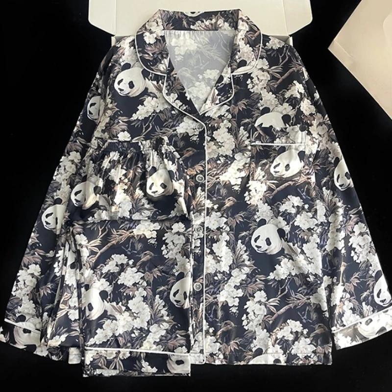 

Стиль ретро черная панда принт женская пижама искусство классика элегантный белый цветок осень/зима новая пижама XXL чёрный