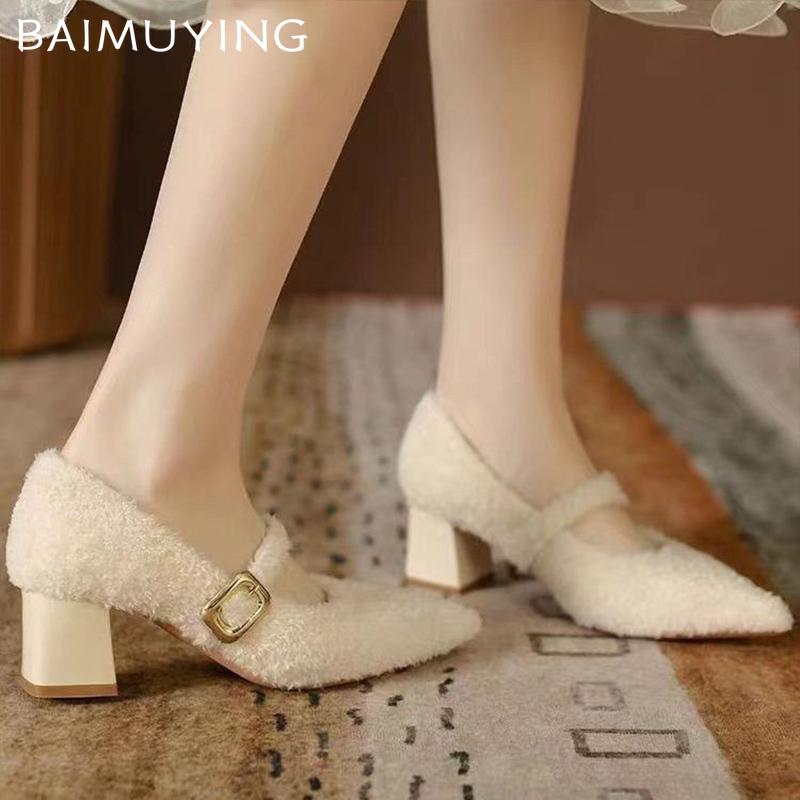 Chunky Fur Shallow Women Shoes Pointed Toe Elegant Mid Heels Shoes 2025 Trend Designer Buckle Pumps Winter Fashion Mujer Zapatos