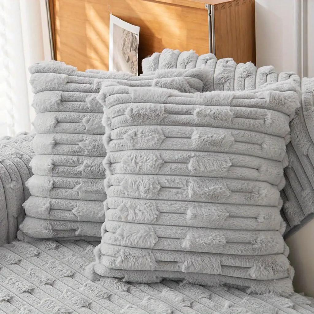2pcs Set of Soft and Warm Striped Faux Fur Waist Pillow Covers, Cream Color Series, Fluffy Velvet Cushion Covers, Without Pillow Core