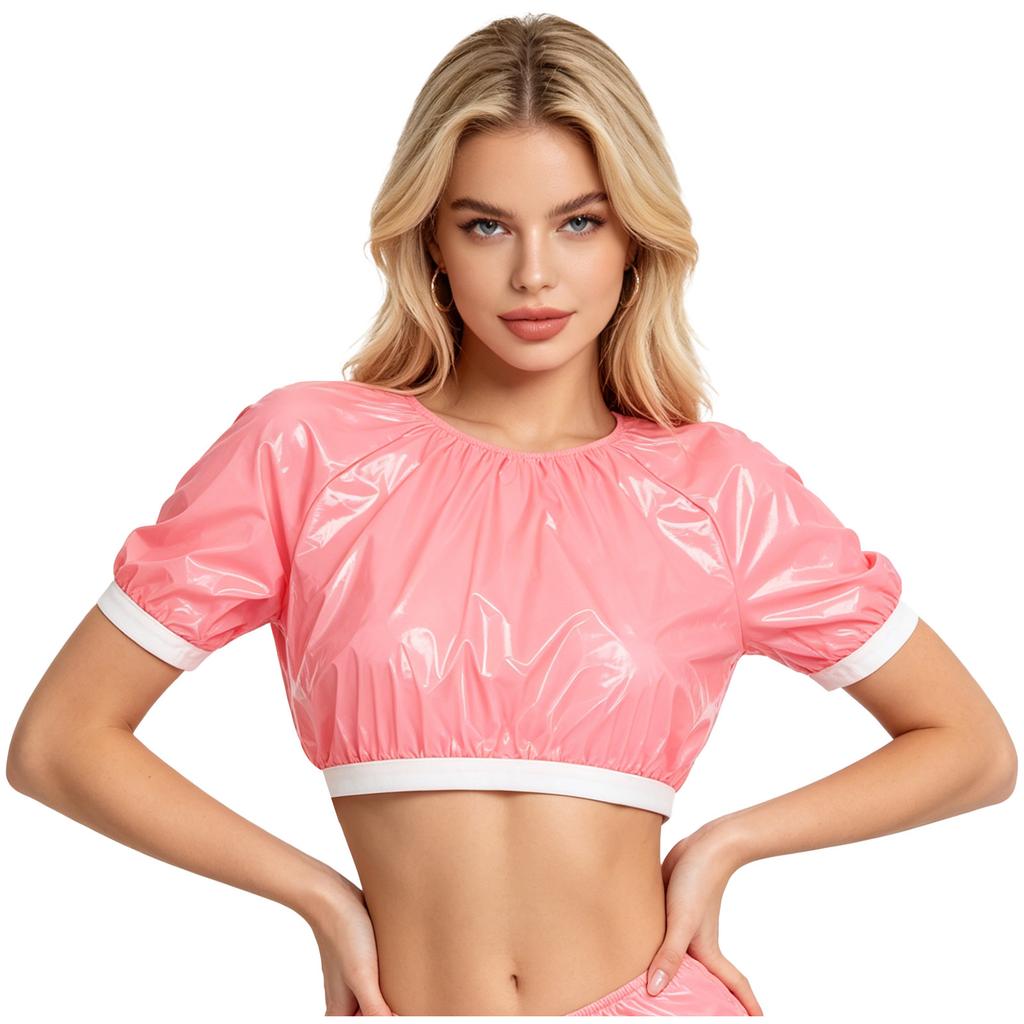 S-3XL Donna Impermeabile Lucido Crop Top Manica Corta Pullover Vinile T-shirt per Costume da Bagno Rave Clubwear Esigenze Speciali