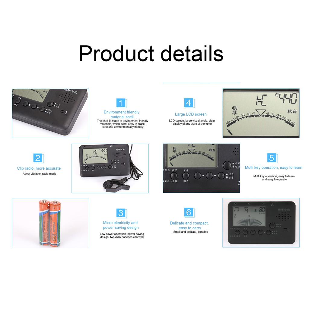 Dulcimer Tuner 3 in 1 Metronome Tuner Tone Generator Music Instrument Tool with LCD Display MT520Y Black