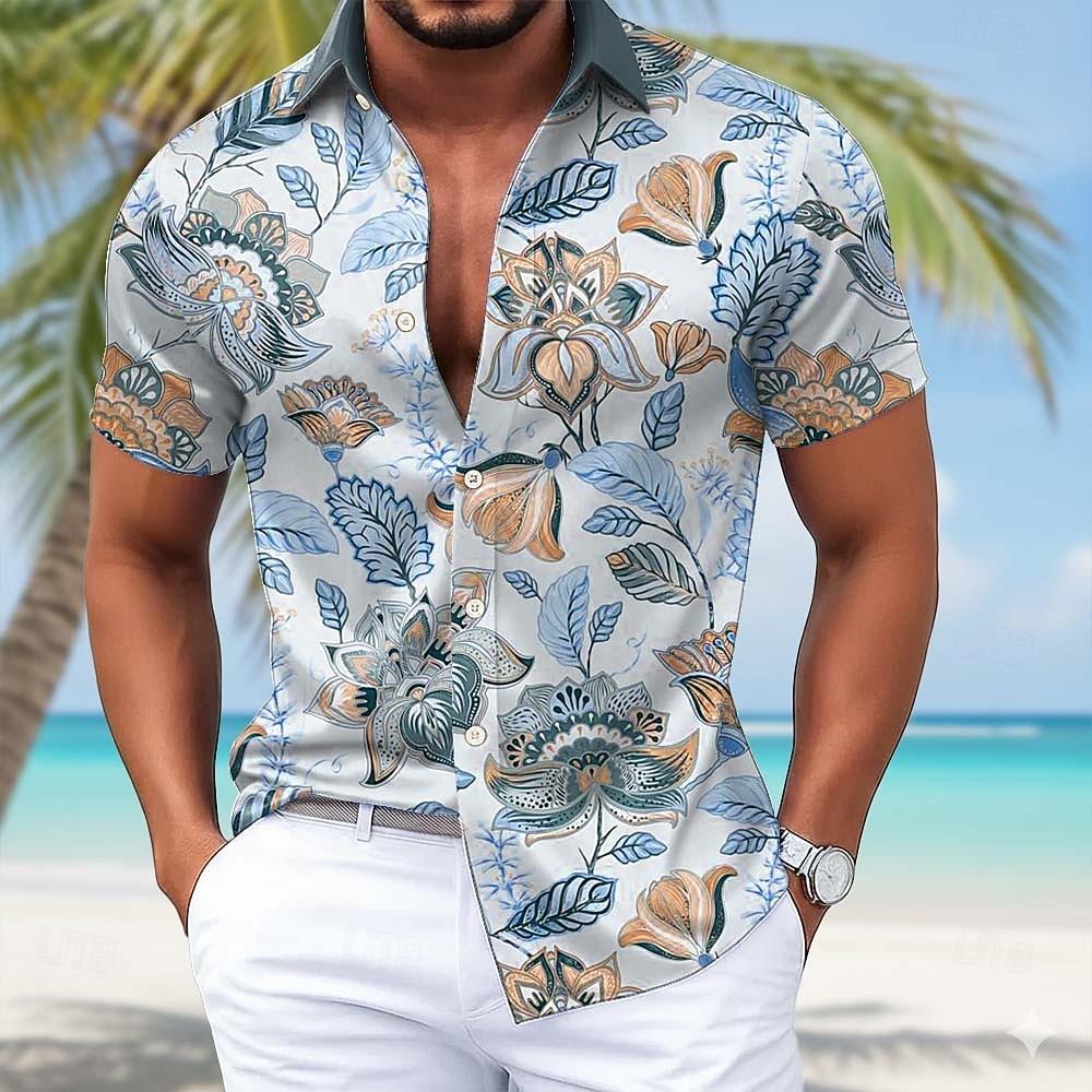 Men's Floral Palm Leaf Tropical Hawaiian Shirt, Short Sleeve 3D Print Button Up Shirt