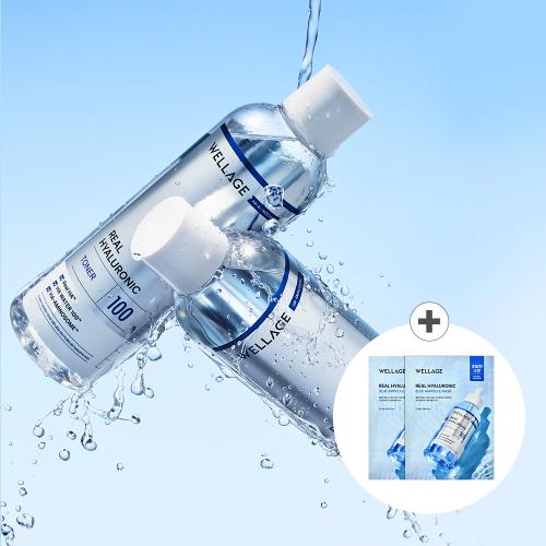 Wellage Real Hyaluronic 100 Toner 200ml x 2ea (+Blue Ampoule Mask 2pcs Gift) NONE