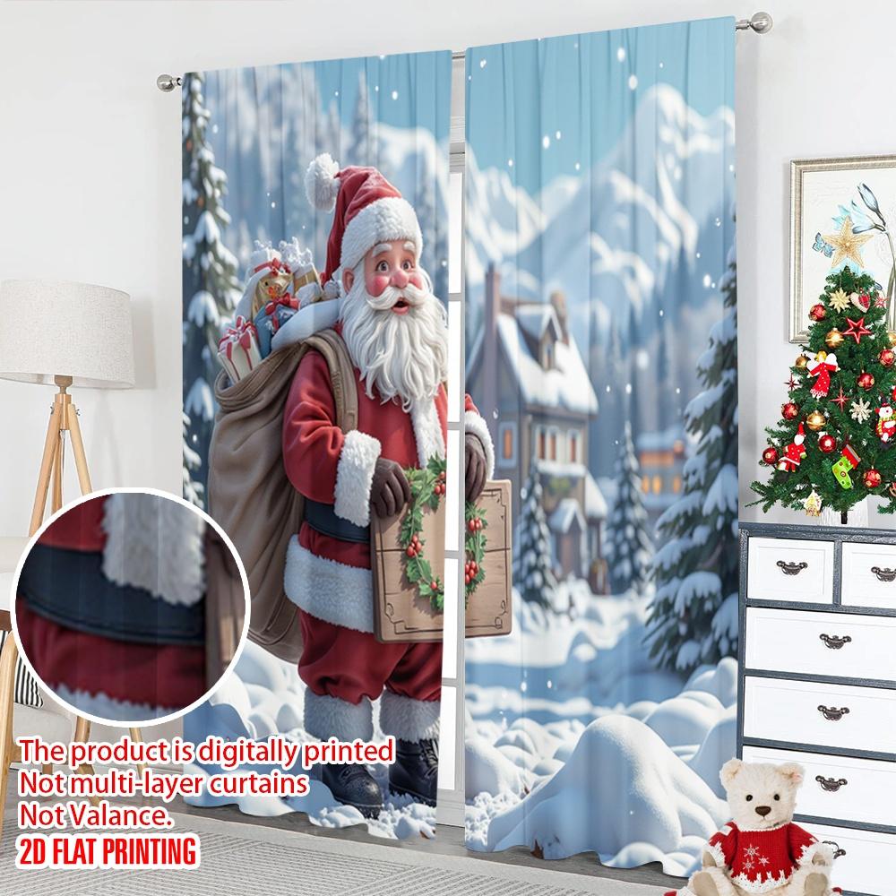 2pcs 2D Flat Printing Christmas Party Curtain Santa Claus Merry Christmas Gift_a Fabric Without Electricity Festive Holiday