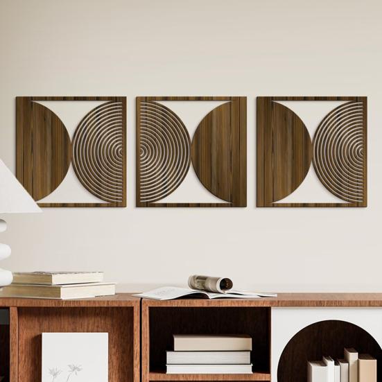 3 Pcs Minimalist Abstract Wall Art Modern Boho Half-circle Line Hollow Out Wall Decor Rustic Geometric Hanging Sign for Living Room Bedroom Office