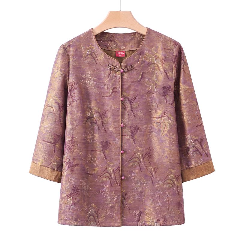 Mid-Aged Women s New Chinese Style Landscape Print Summer Shirt XL