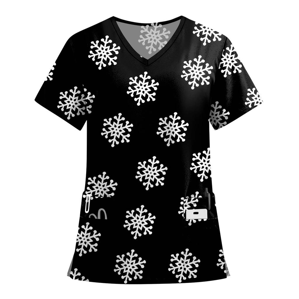 Women's Fashion Printed Short Sleeve V Neck Pattern Tops Pocket Working T-shirts