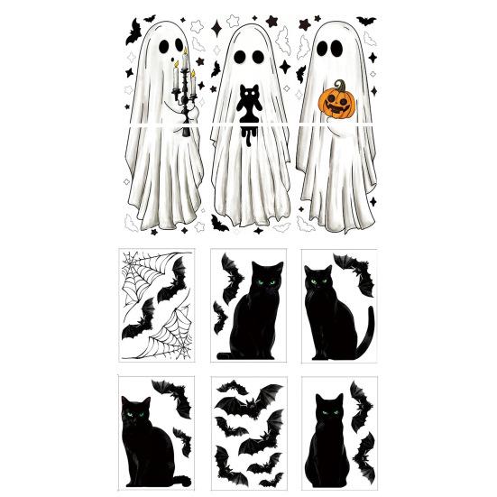 6 ks Halloweenské velké samolepky na okno s duchem Strašidelní duchové Netopýři Černá kočka Dýně Samolepky Odnímatelné Statické samolepky pro skleněnou okenní nástěnnou dekoraci
